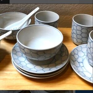 IKEA Sweden Cup Plate Rice Bowl Spoon 14 Pcs Set Blue Bubbles Circles